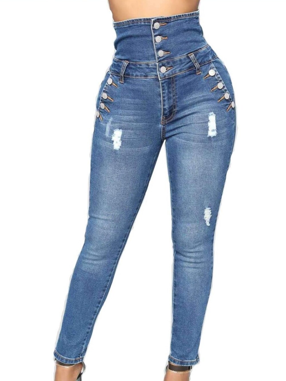 High-Waist Distressed Blue Skinny Jeans for Women